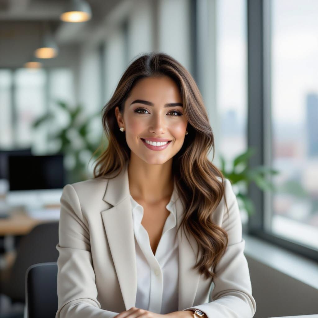 Confident Young Woman in Modern Office, Formal Portrait Styl...