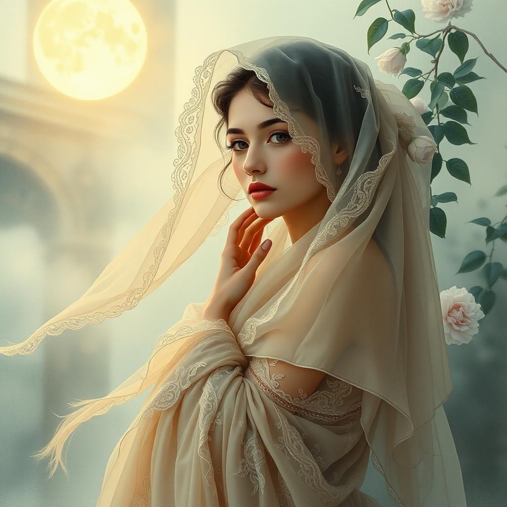 Ethereal Woman in Moonlit Garden: Surrealist Style