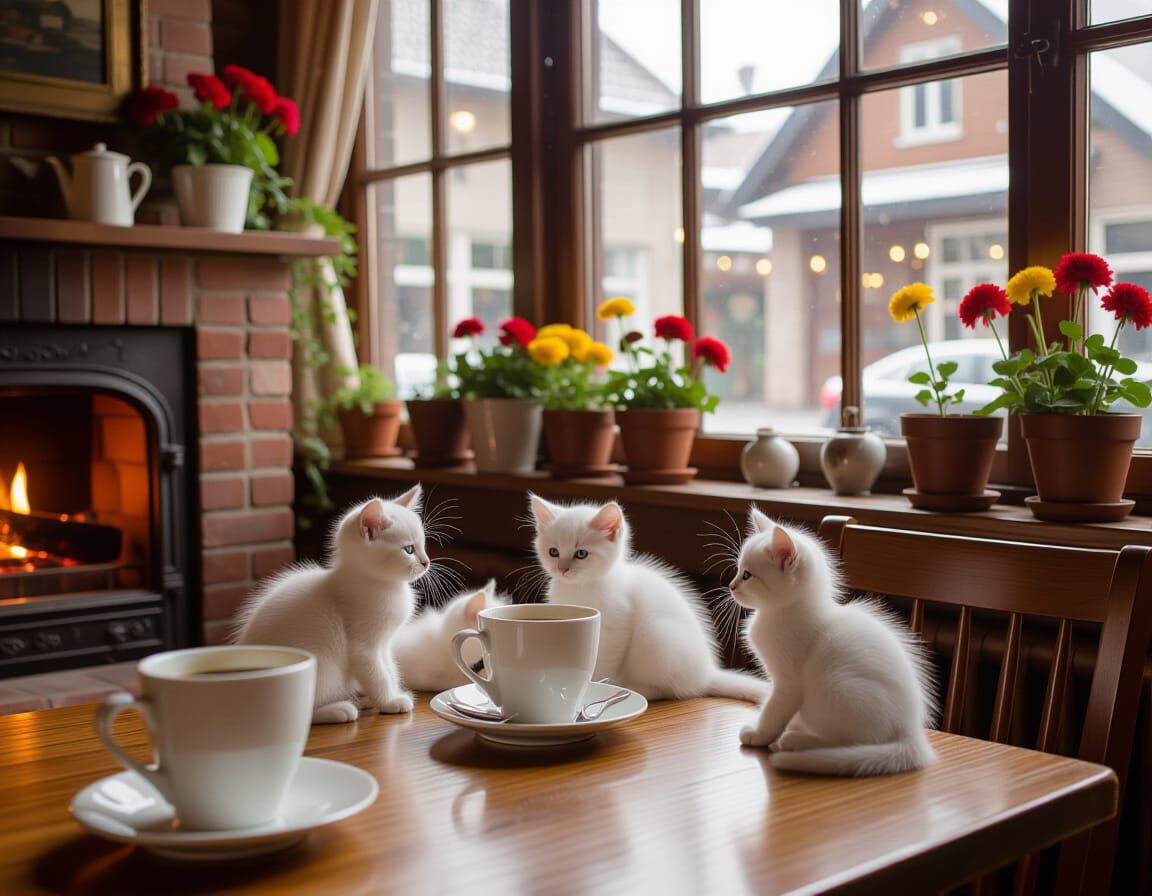 Cozy Village Cafe with Adorable White Kittens