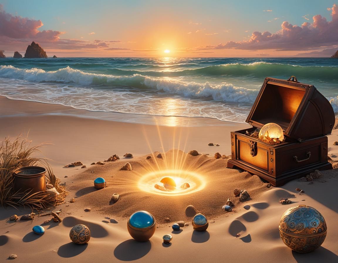 Beach Discovery in Waterhouse Style with Sunset Rays