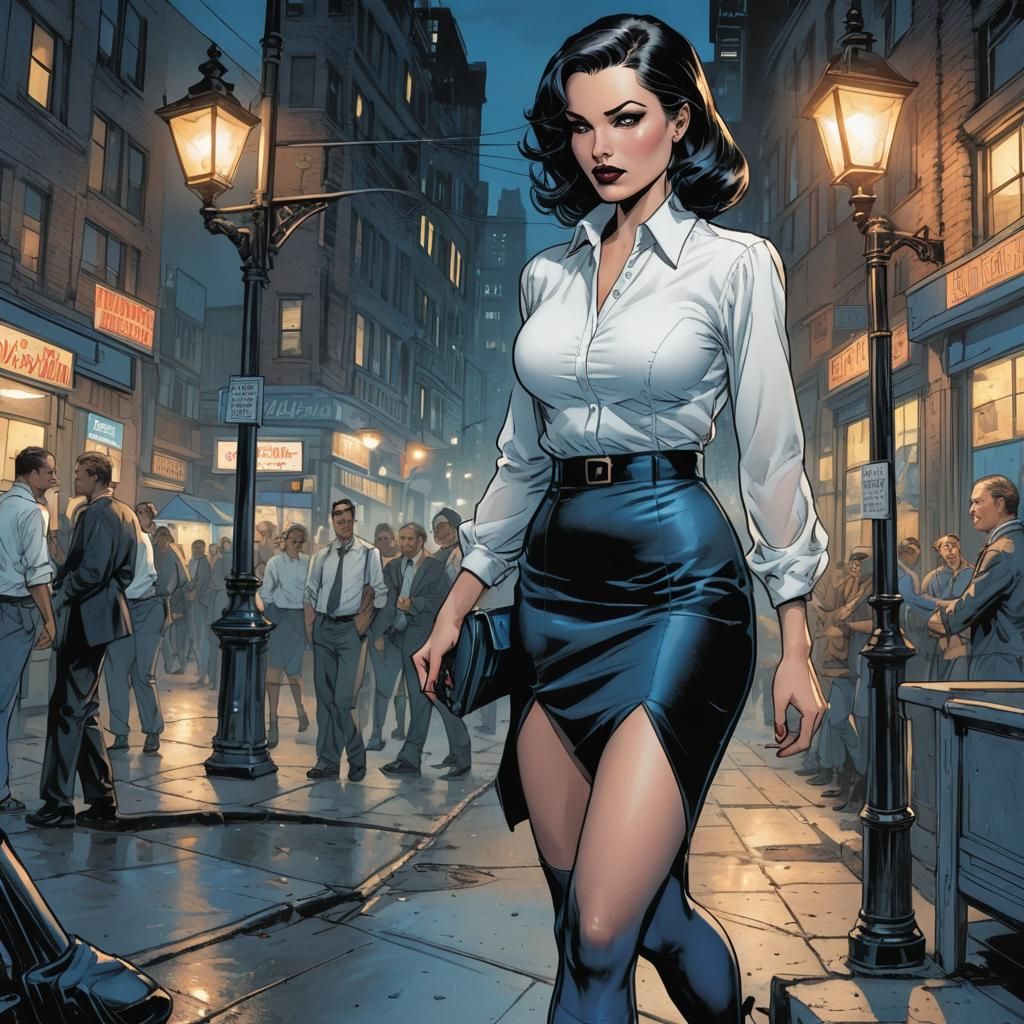 Femme Fatale in Comic Book Style Under Streetlight
