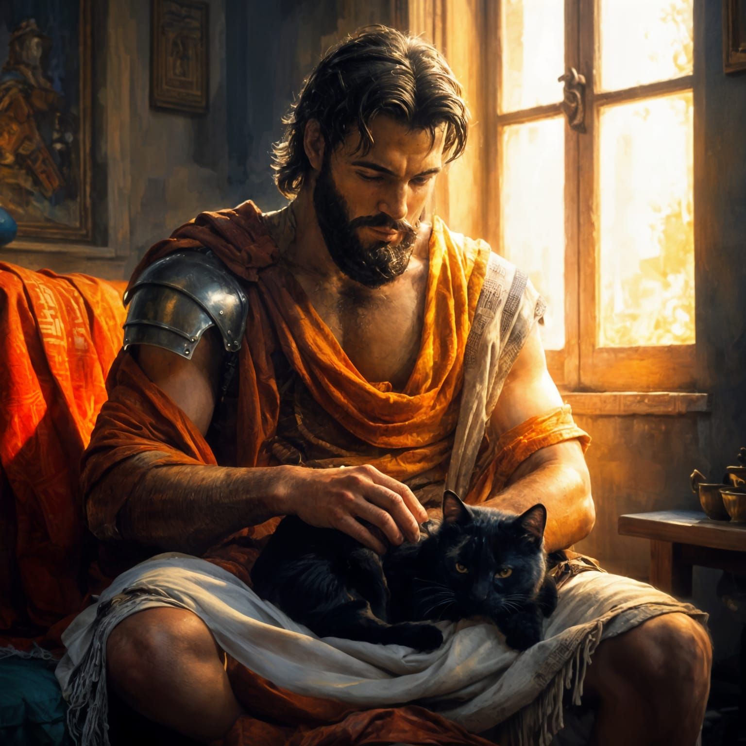 Ancient Greek Knight Strokes Gentle Black Cat in Boho Apartm...