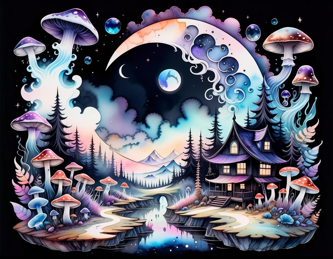 Smokey Crescent Moon with Crystals in Pastel Goth