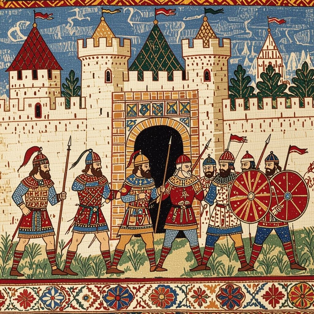 9th century Kyivan rus warriors outside of a walled city, de...