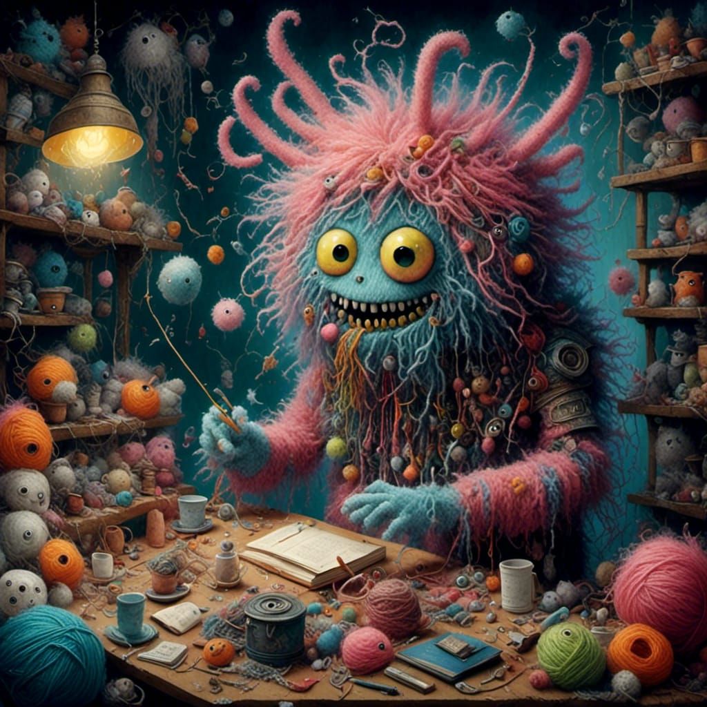 Yarn monster knitting a sweater, <lora:Trash Monsters:1.0>, ...