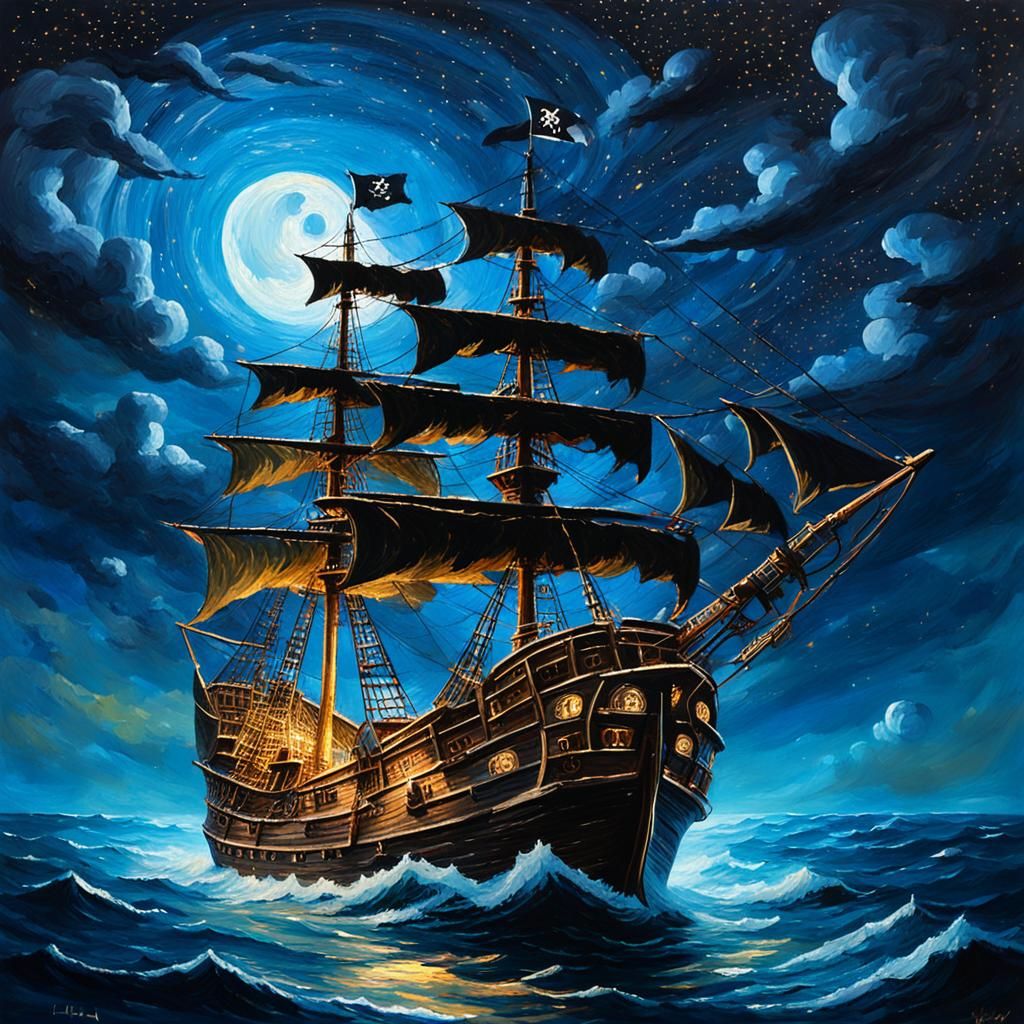 Pirate Ship at Night in Tonalist Style