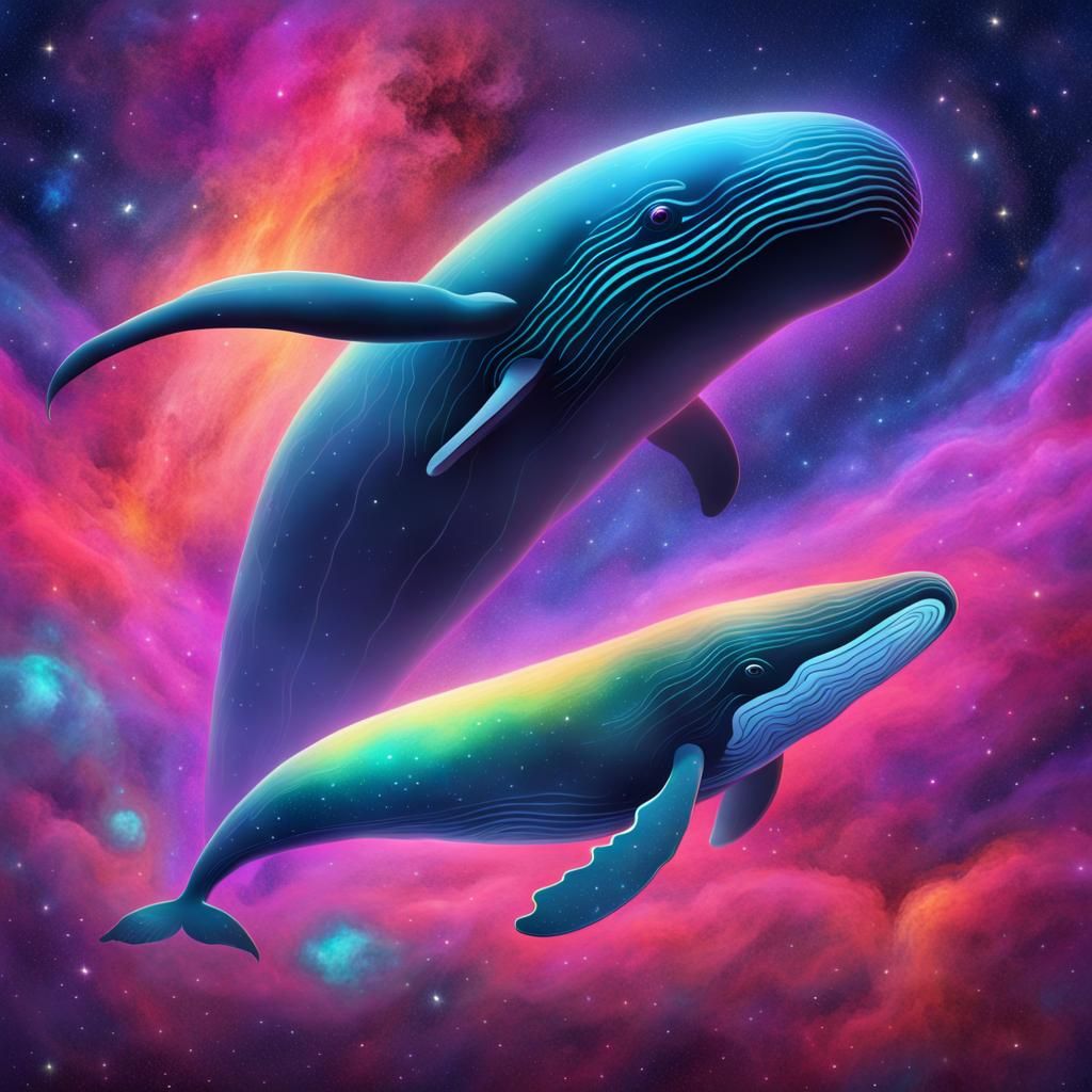 Bioluminescent Cosmic Whale and Calf in Nebula