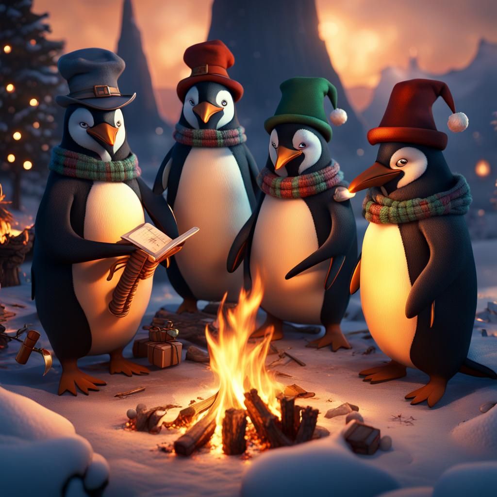 Penguins Singing Christmas Carols Around a Fire