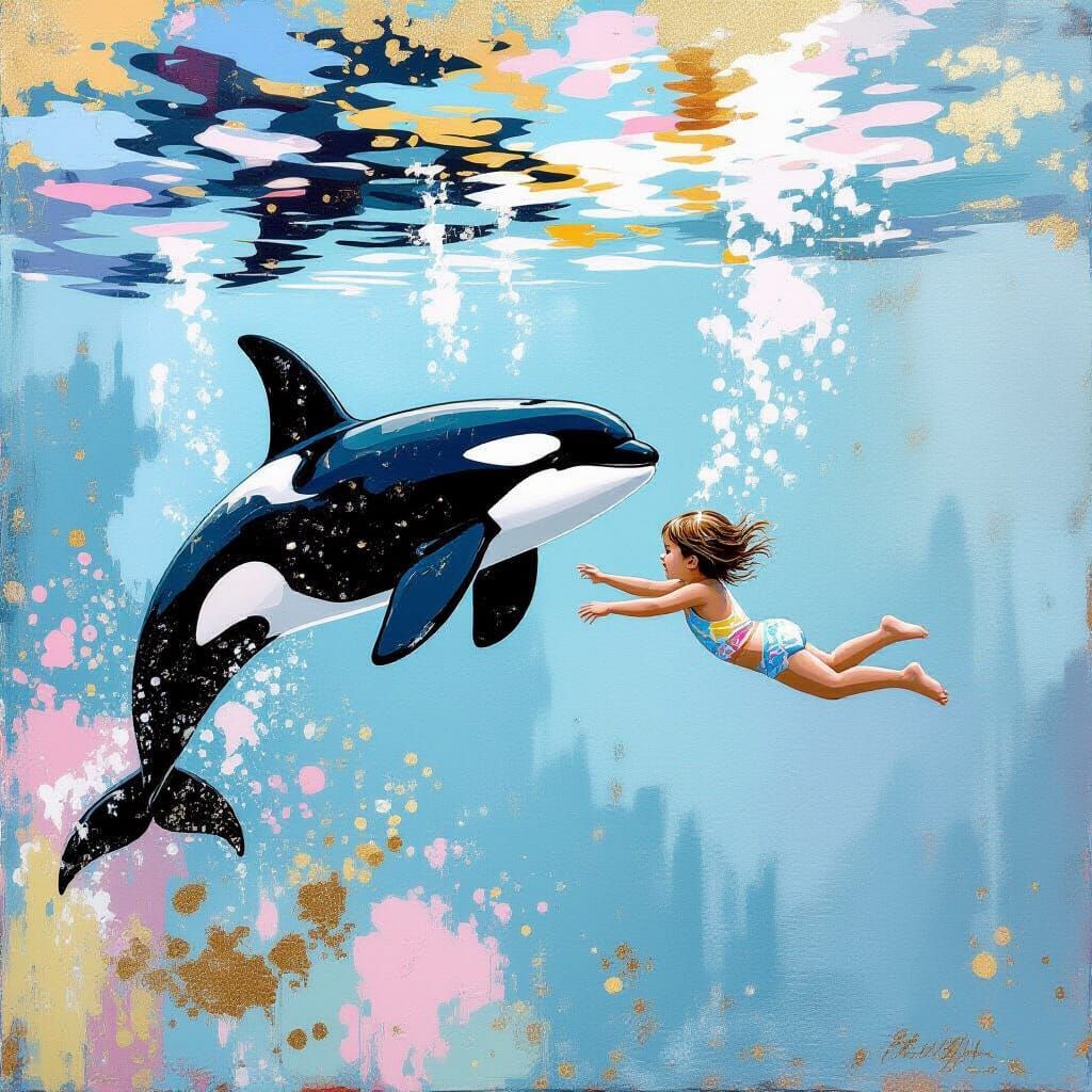 Orca and Child Dive in Metamodern Style