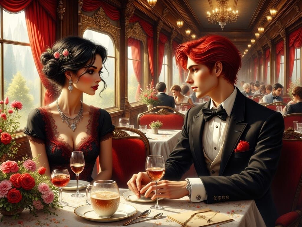 Elegant Dining Car Scene in Art Nouveau Style