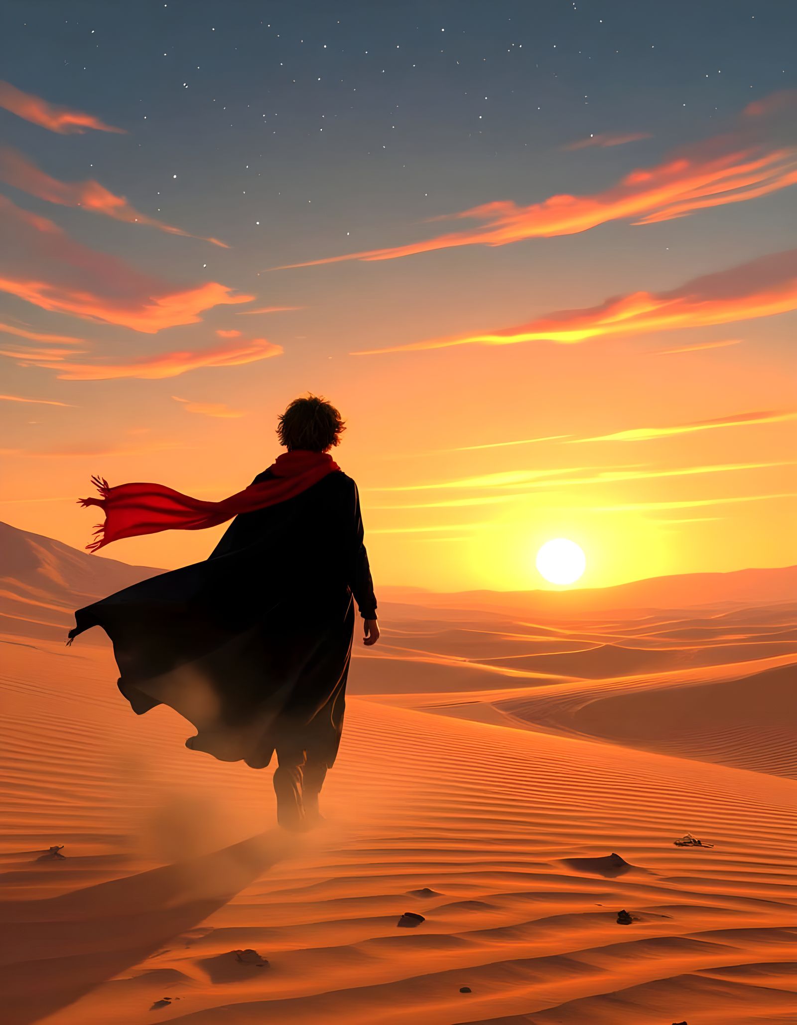 Teenager in Cloak Walks Martian Desert at Sunset