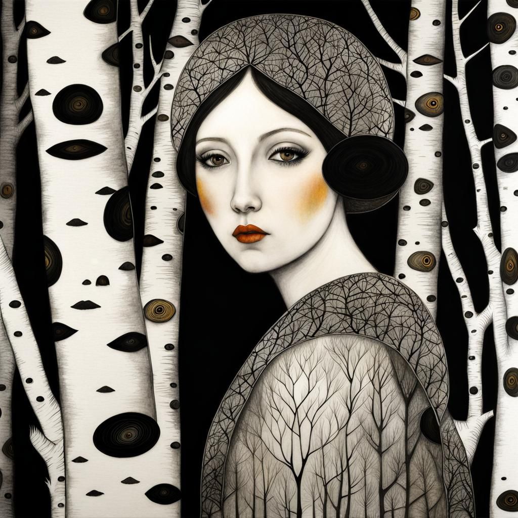 Girl in Birch Forest: Klimt-Inspired Charcoal and Ink