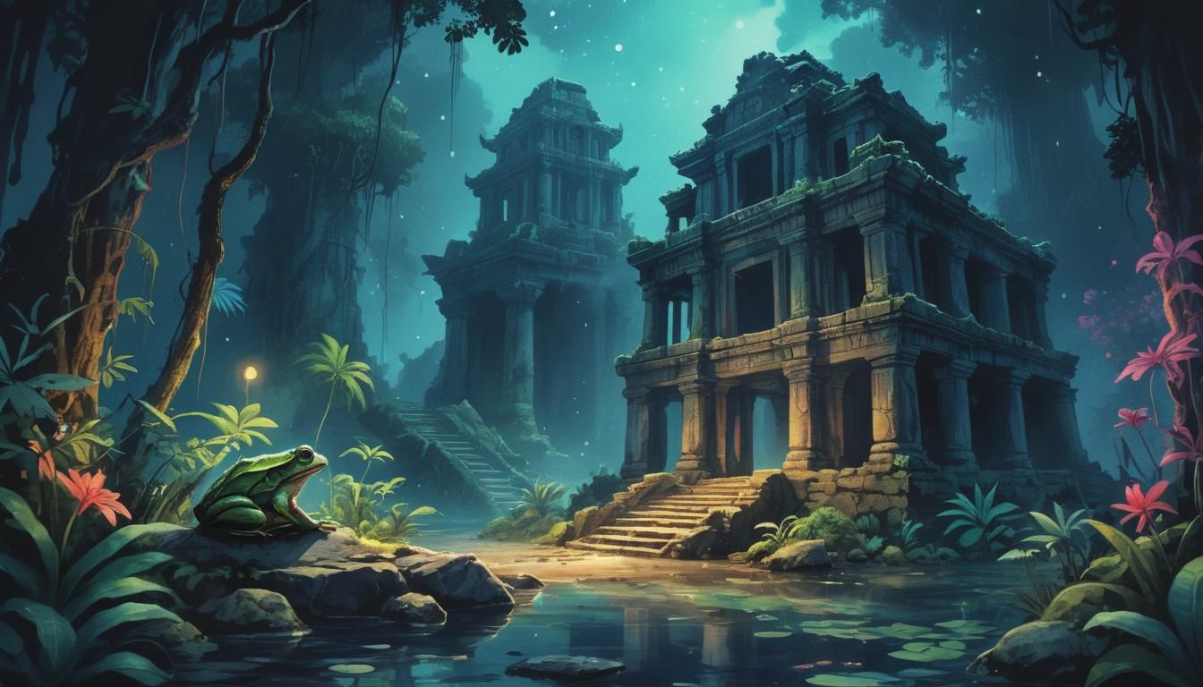 Frog Temple Ruins in Bioluminescent Jungle