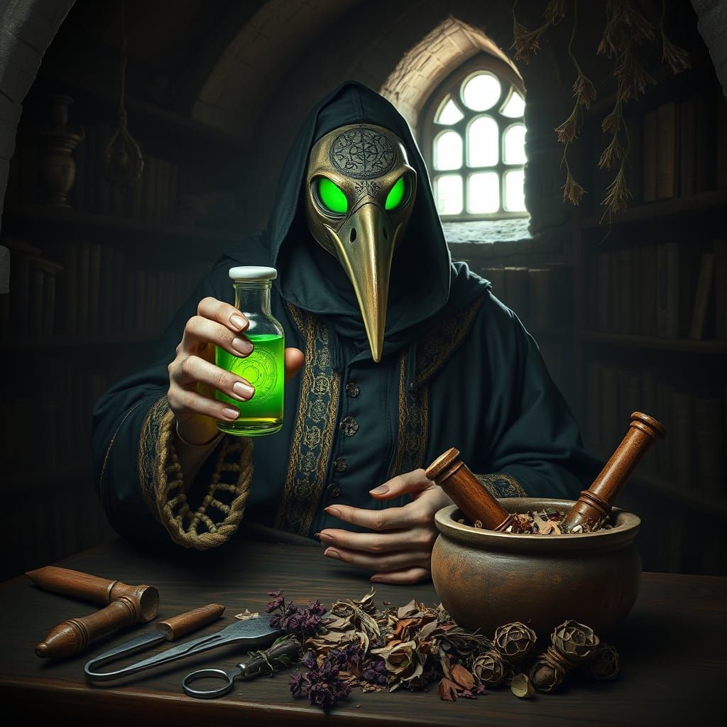 Medieval Doctor Holds Precious Green Elixir in a Somber, Gol...