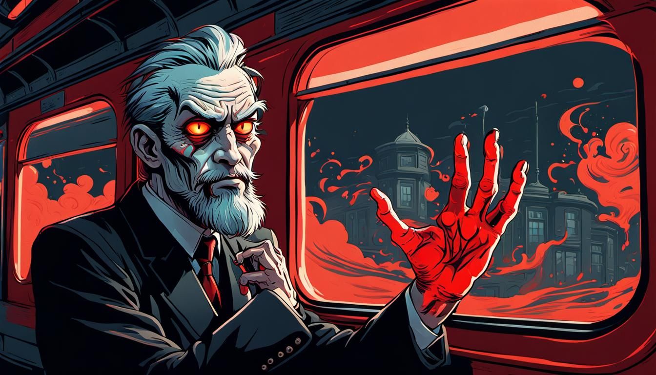 Psychedelic Cartoon Train with Praying Preacher: Anime Style