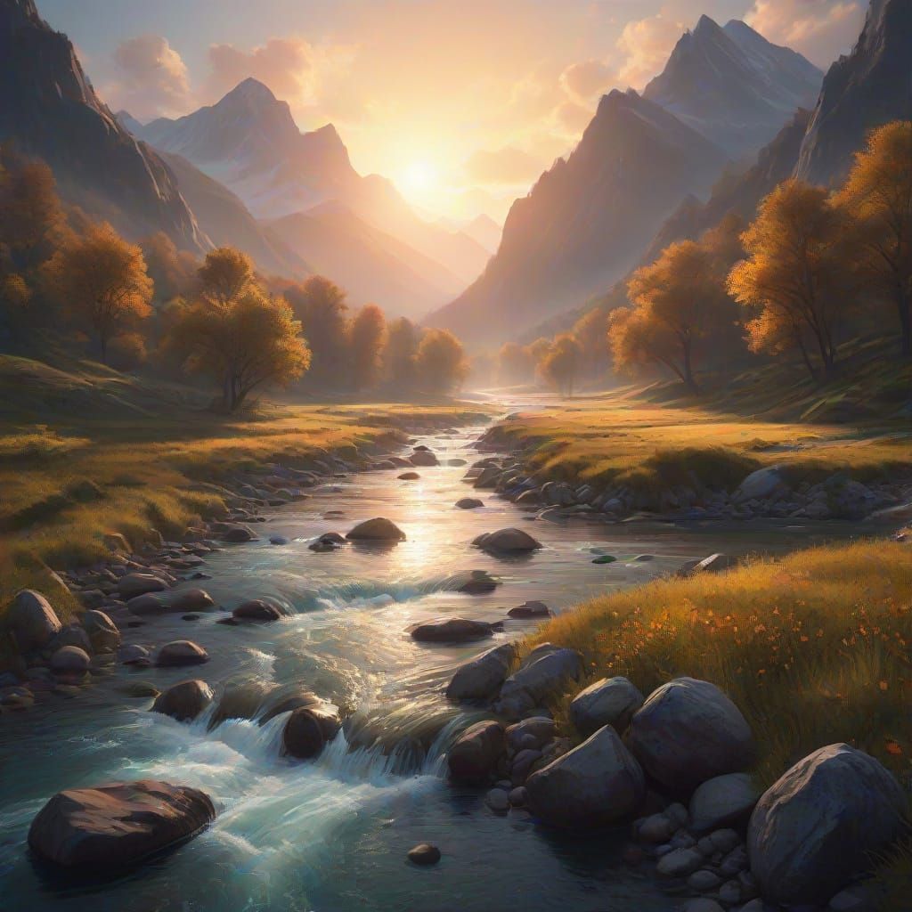 River Flows Through Valley: Triadic Color Oil Painting