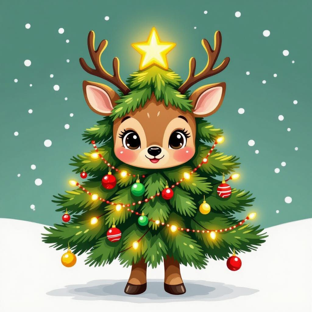 Cute Christmas Deer Cartoon in Whimsical Style