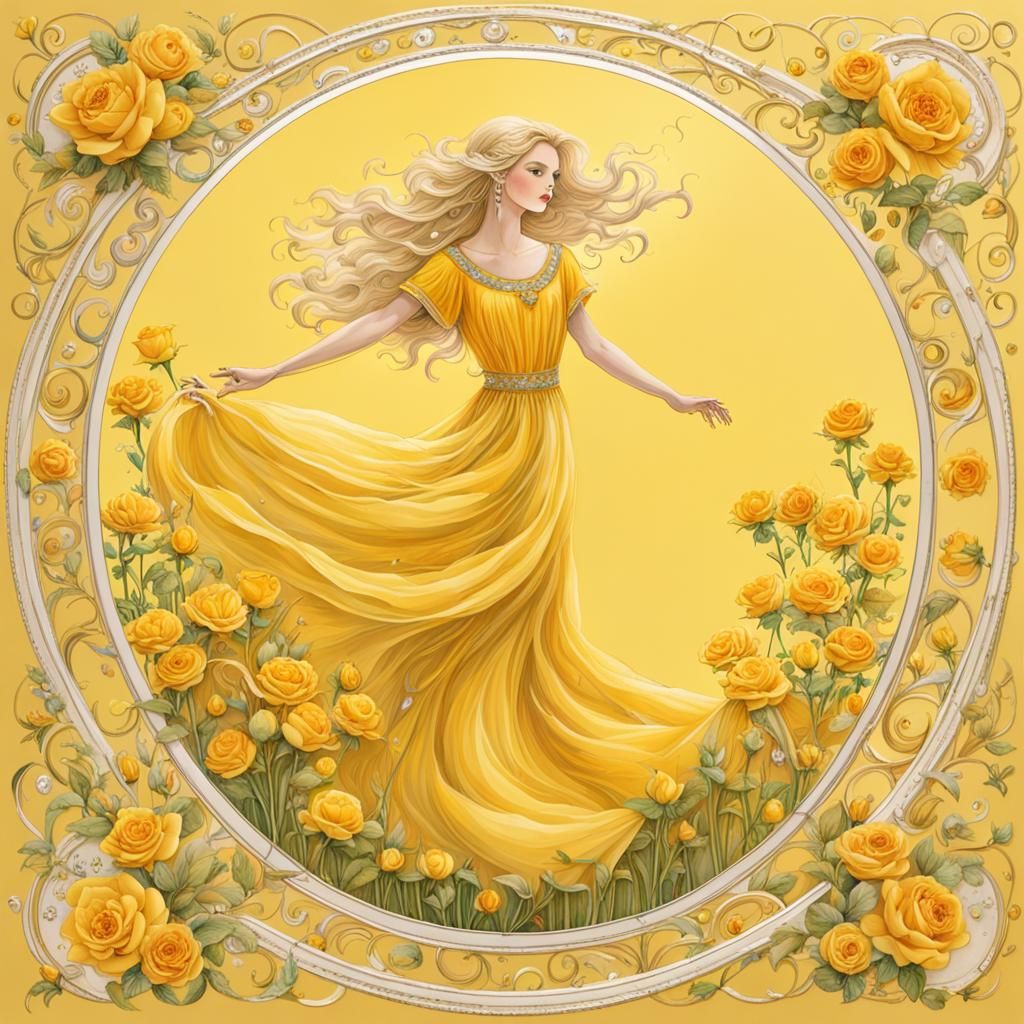 Lady Dancing in Yellow Flower Field with Roses