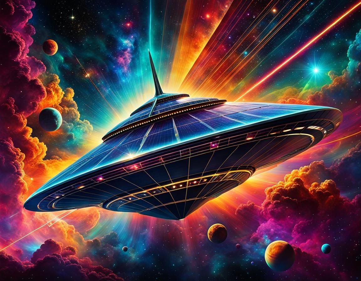 Retro Spacecraft Soaring Through Nebula in Art Deco Style