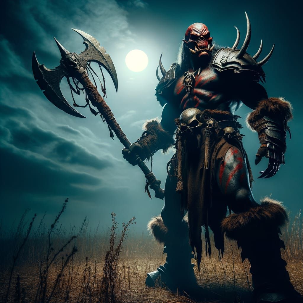 Fierce Orc Barbarian with Scarlet Skull Helmet