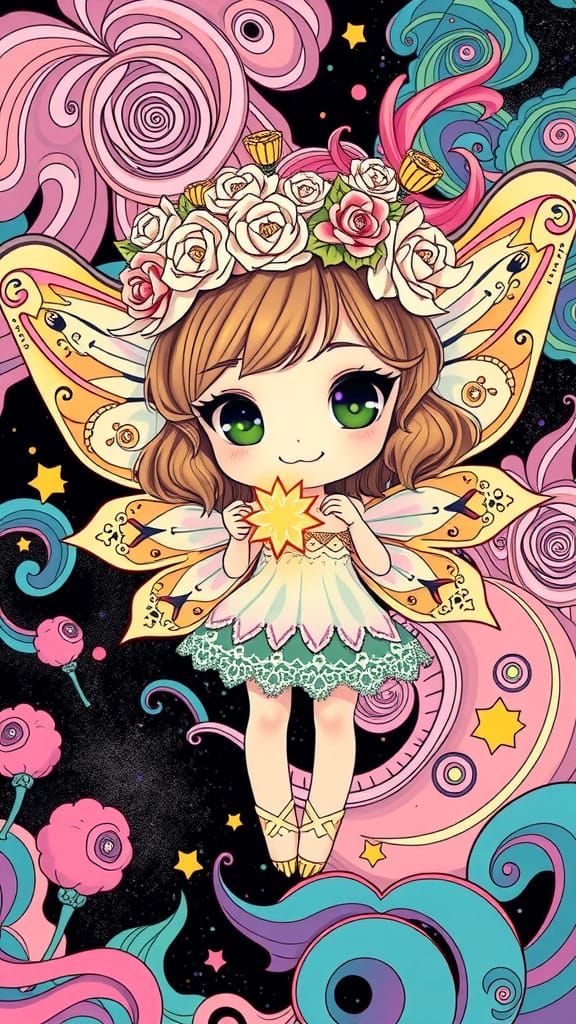 Chibi Fairy Blasting Beads in Psychedelic Pop Art