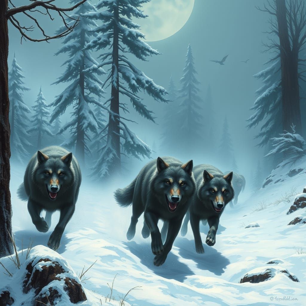 Dire Wolves in Fangwood Vale: A Dark Fantasy Scene