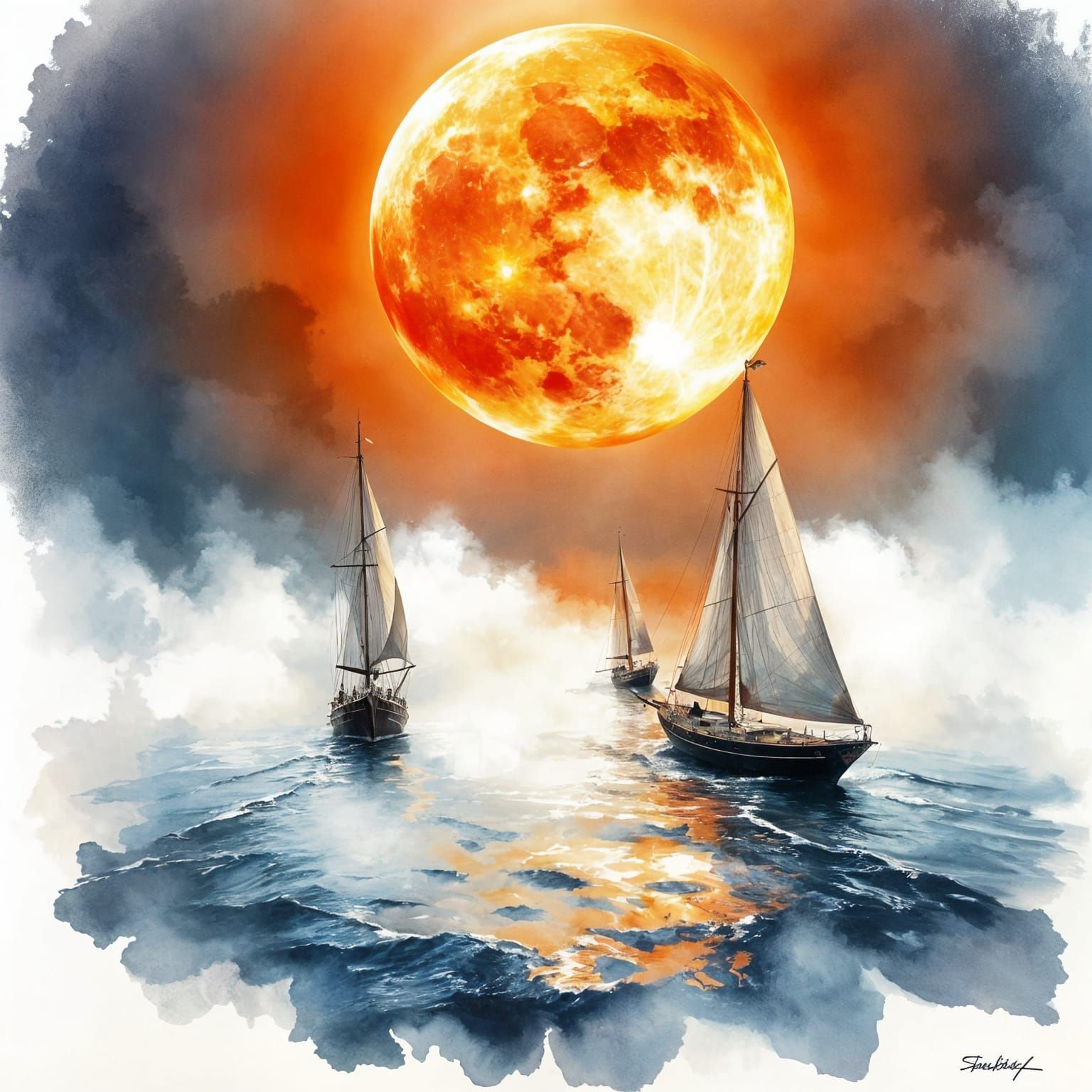 Ethereal Sailboats on Enchanted Sea in Watercolour Style