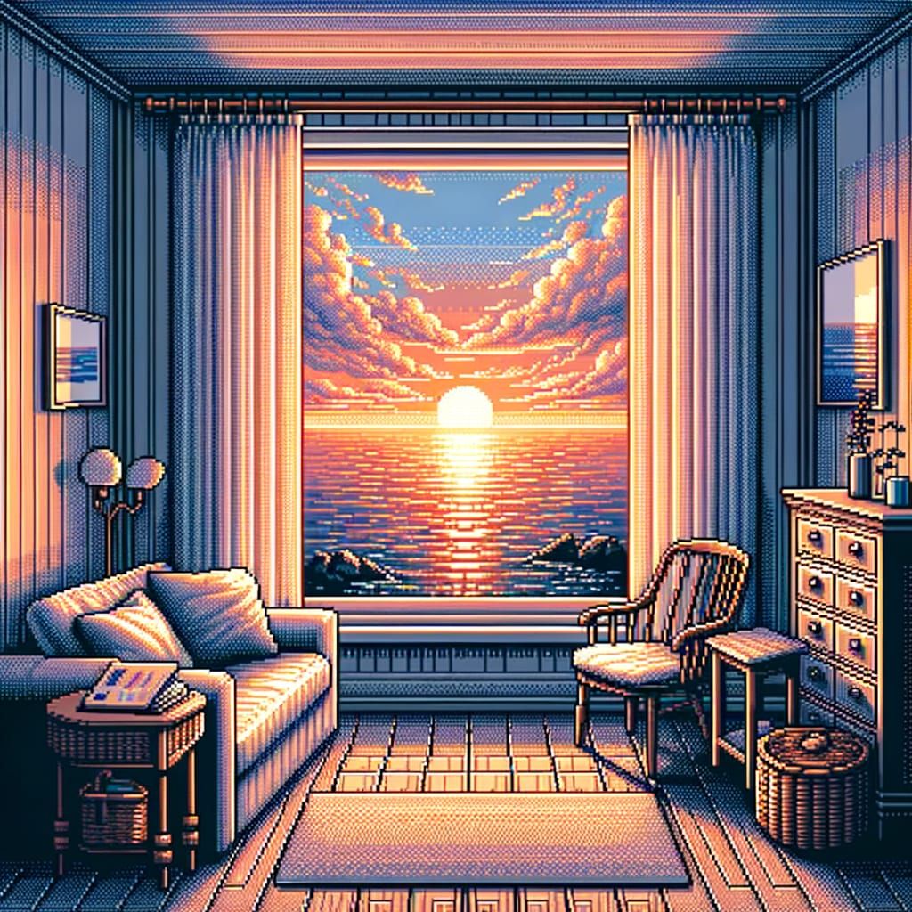 Tranquil Ocean Sunset in 8-bit Pixel Art