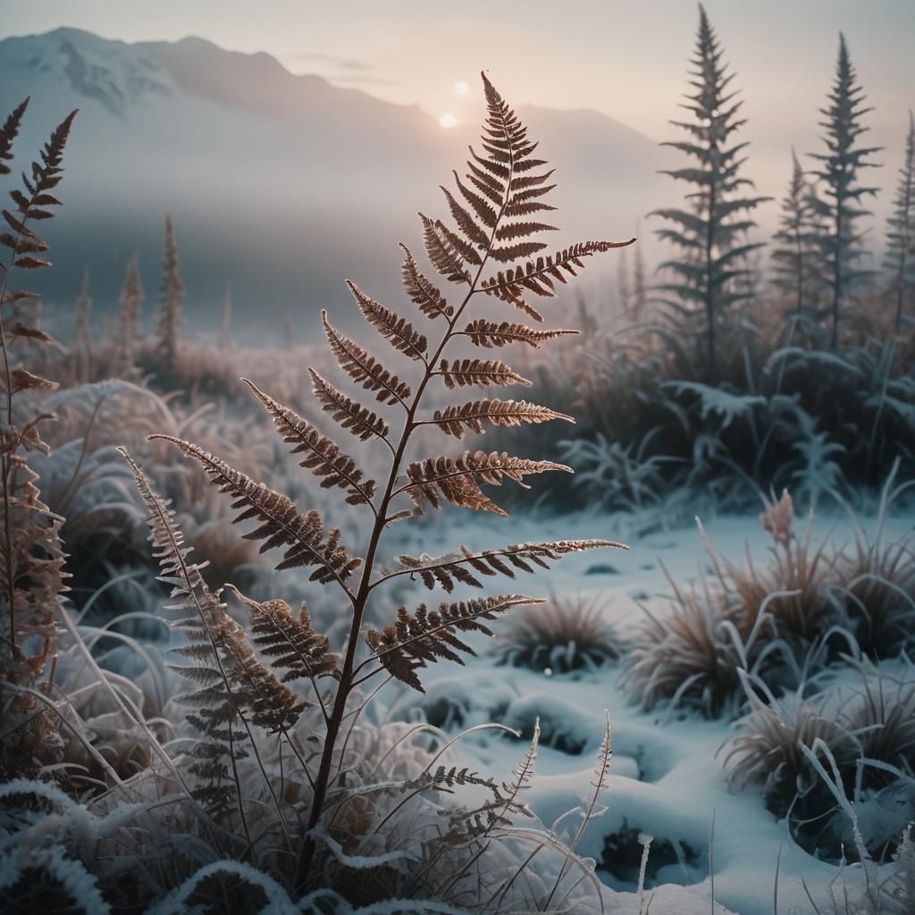 Giant Fern in Ethereal Tundra, Cinematic Still