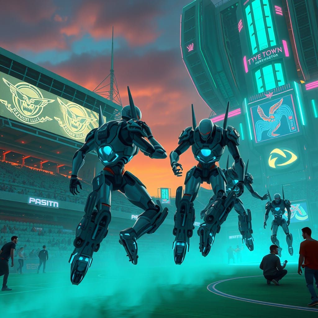 Cyberpunk Stadium at Dusk: Androids in Epic Mecha Battle