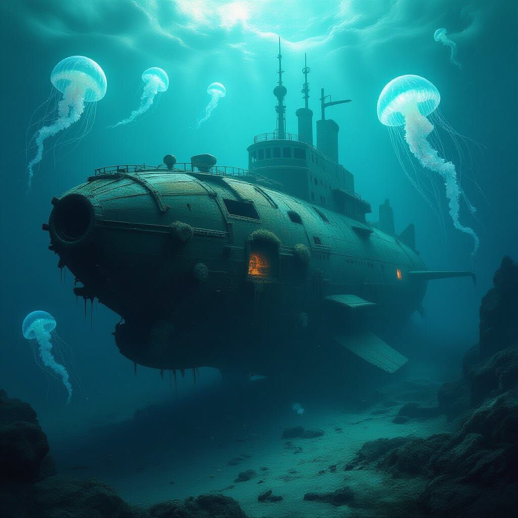 Ancient Submarine on Cosmic Ocean Floor in Dark Fantasy Styl...