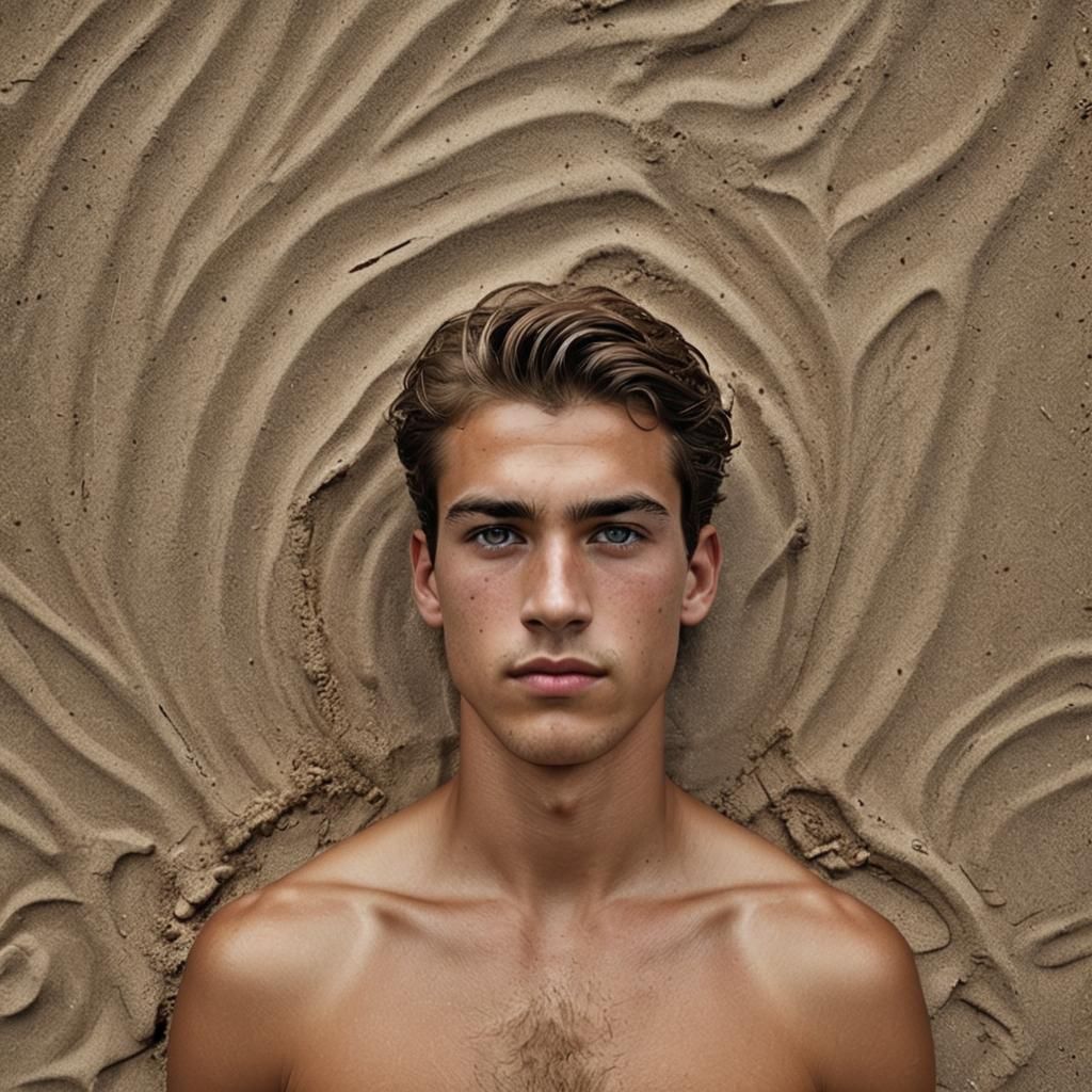 Young Man's Portrait on Beach in Photo-Realistic Style