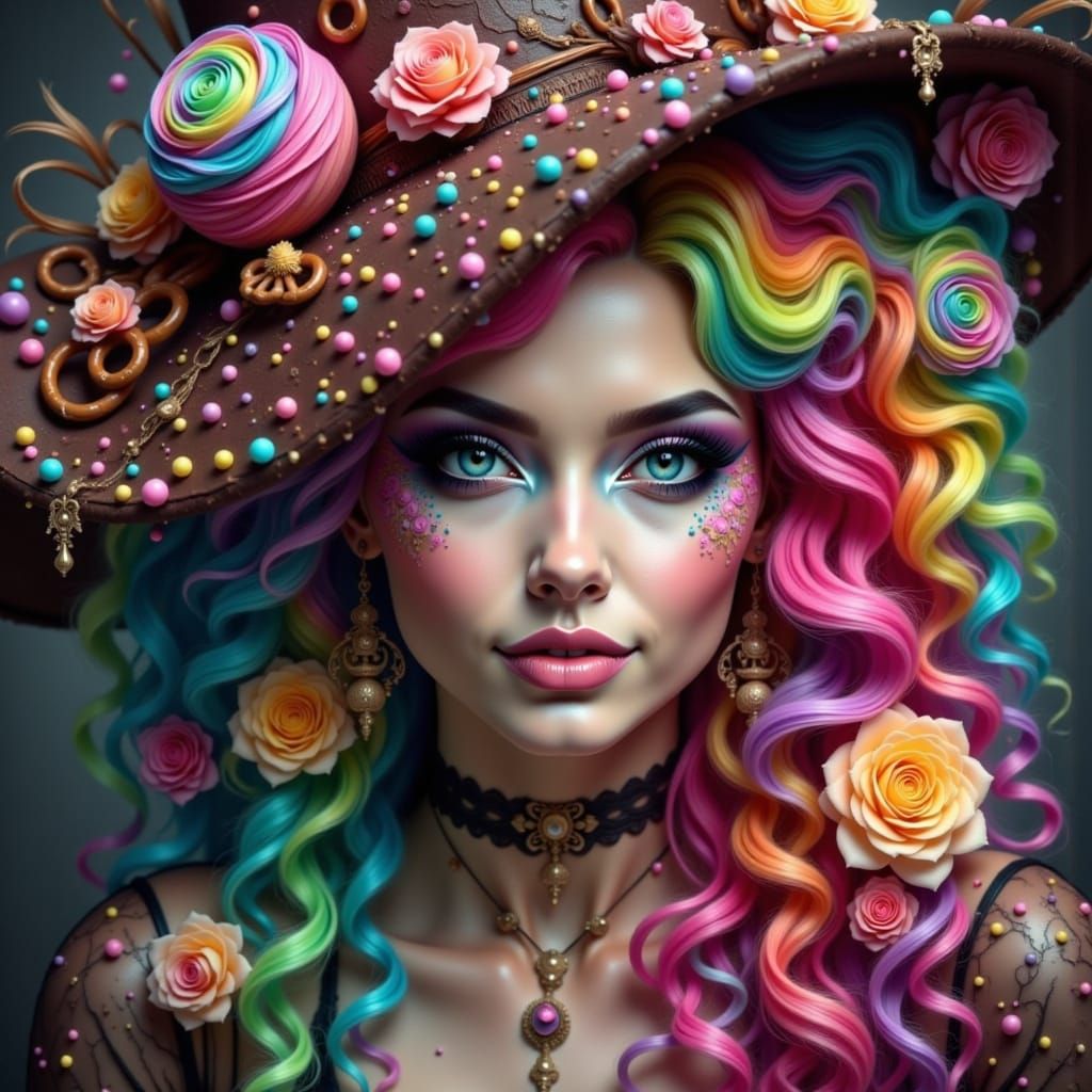 Enchanting Witch with Rainbow Hair and Candy Hat