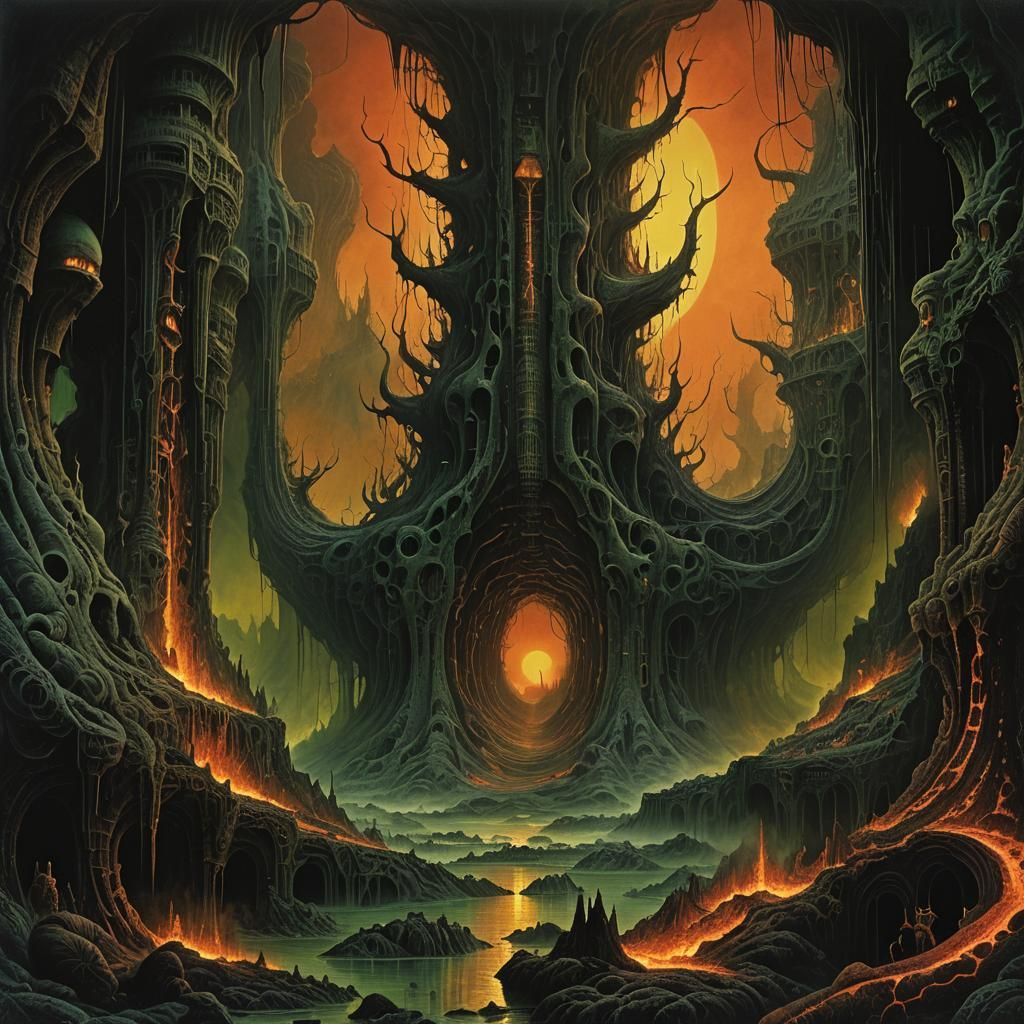 Infernal Lava Rivers in a Surreal Underworld Vista