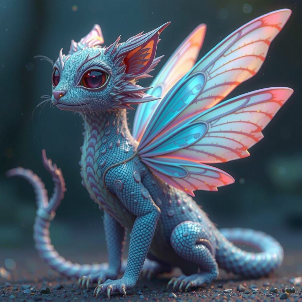 Ethereal Feline-Reptile-Insect Hybrid with Iridescent Fur an...