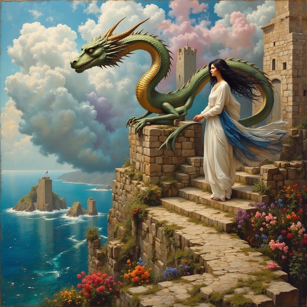 Dragon Over Fortress: Classical Oil Painting