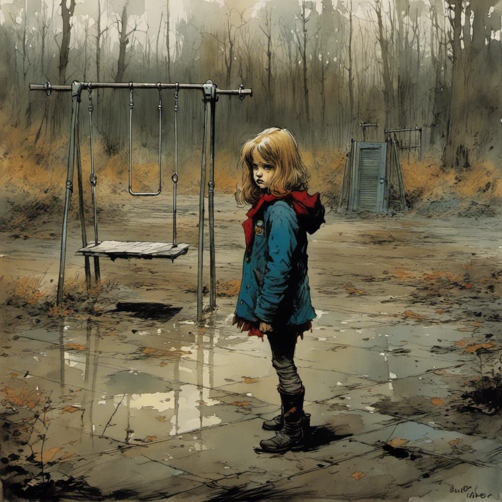Melancholy Girl at Abandoned Playground in Comic Art
