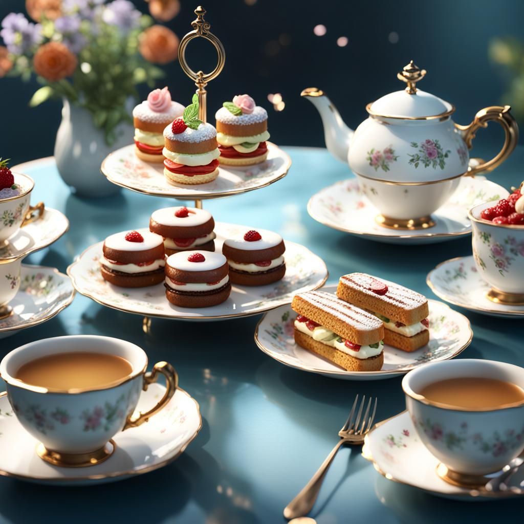 Afternoon Tea with Cakes in 3D Cinematic Style