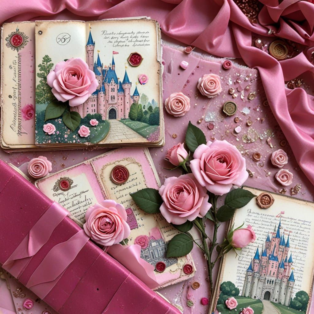 Pink Tudor Castle Scrapbook Collage with Roses