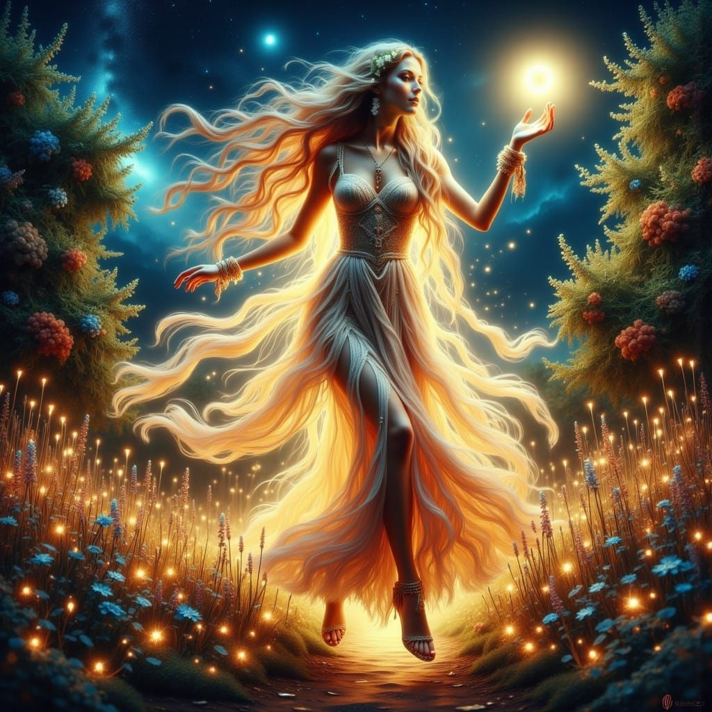Luminous Priestess Casts Healing Spell Amidst Enchanted Gard...
