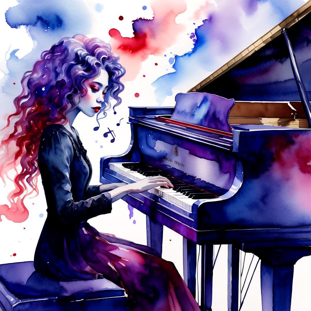 Ethereal Piano Player in Dreamcore Watercolor Salon