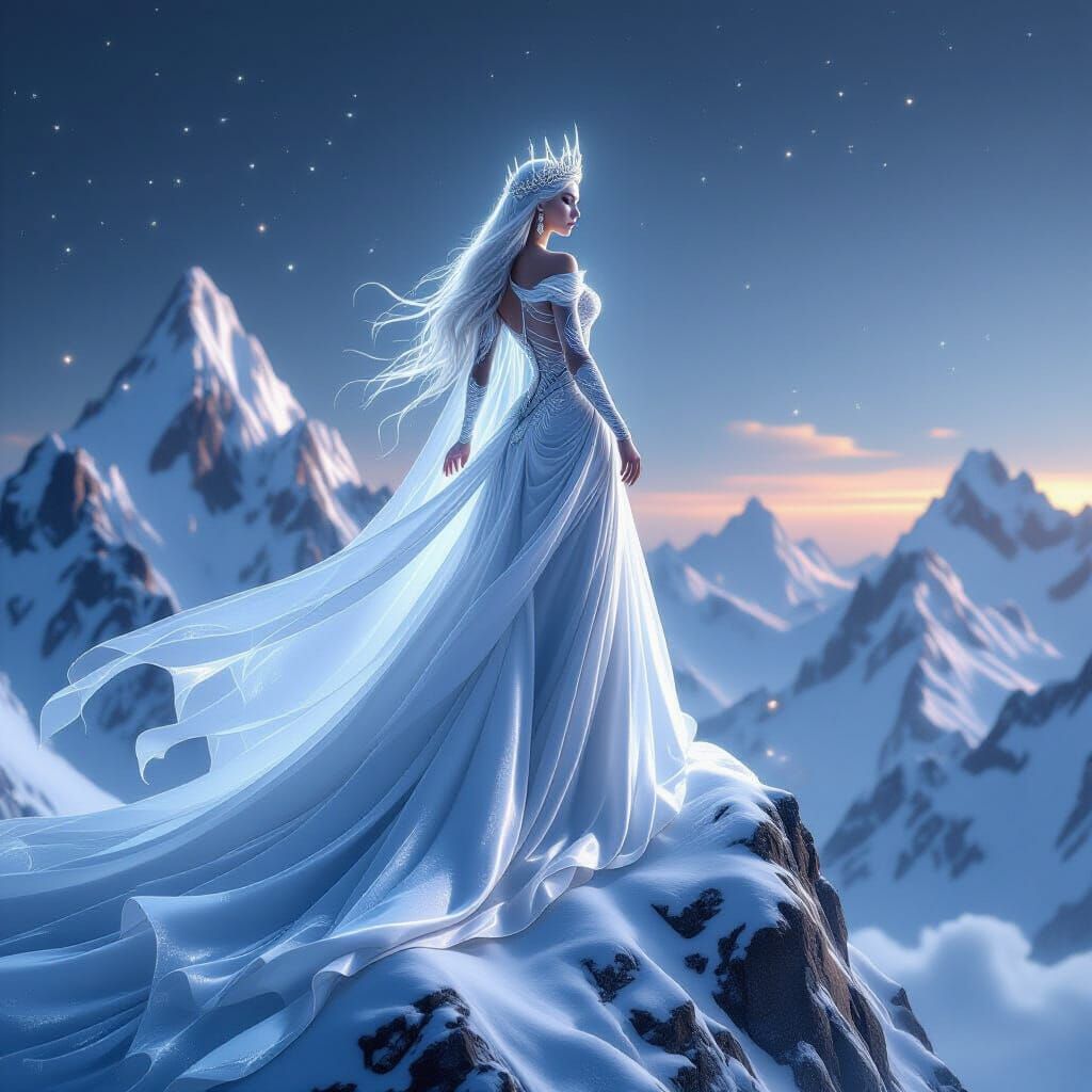 Majestic Queen on Silver Peaks in Ultra Realistic Fantasy Po...