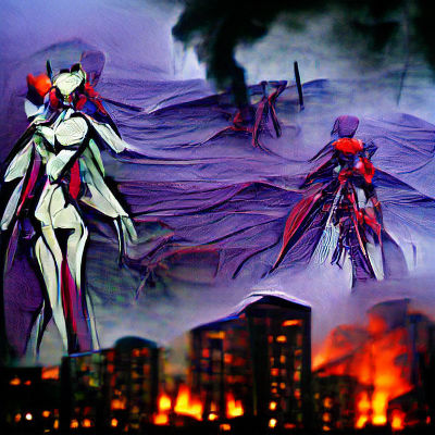Eva Unit 01 in Burning Cityscape