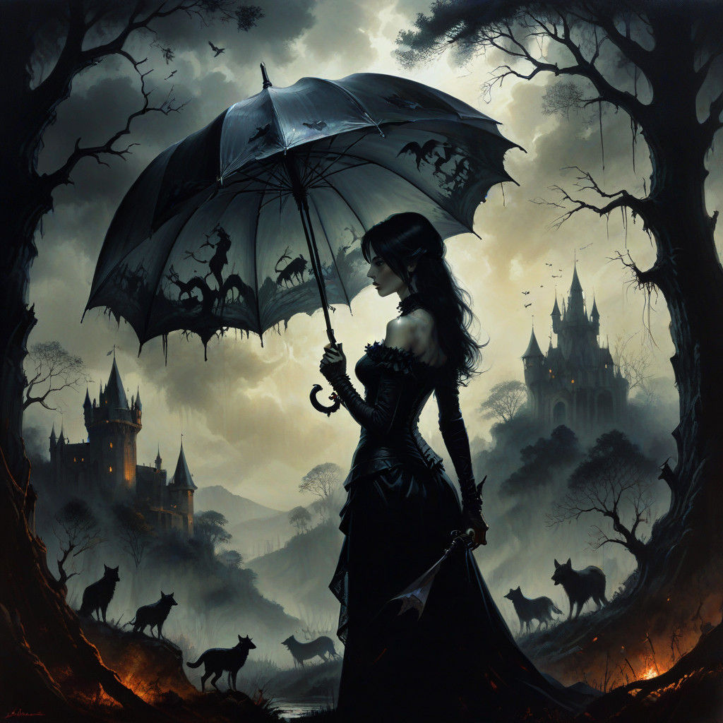 Gothic Vampire Goddess Under Dark Umbrella