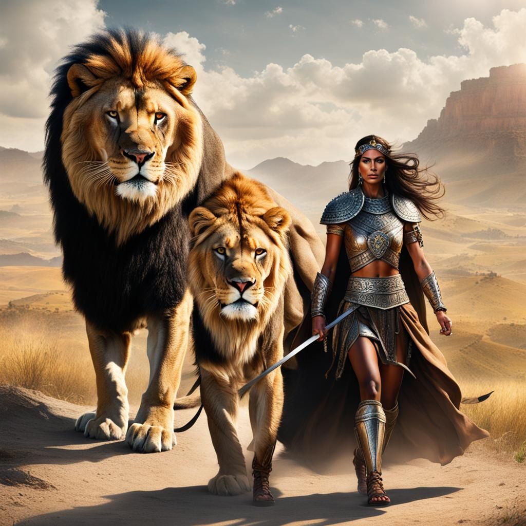 Majestic Warrior Woman with Lion Companion