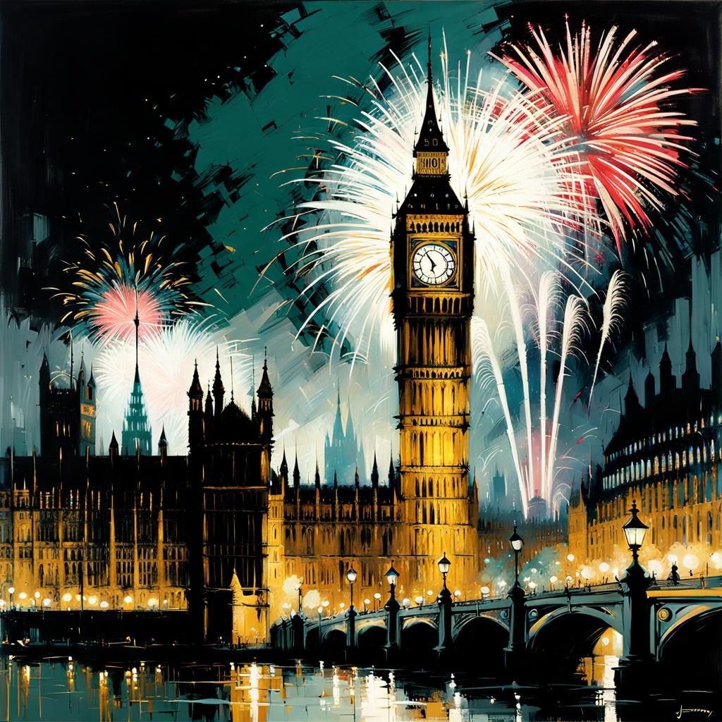 New Year Fireworks over London, Impasto Style