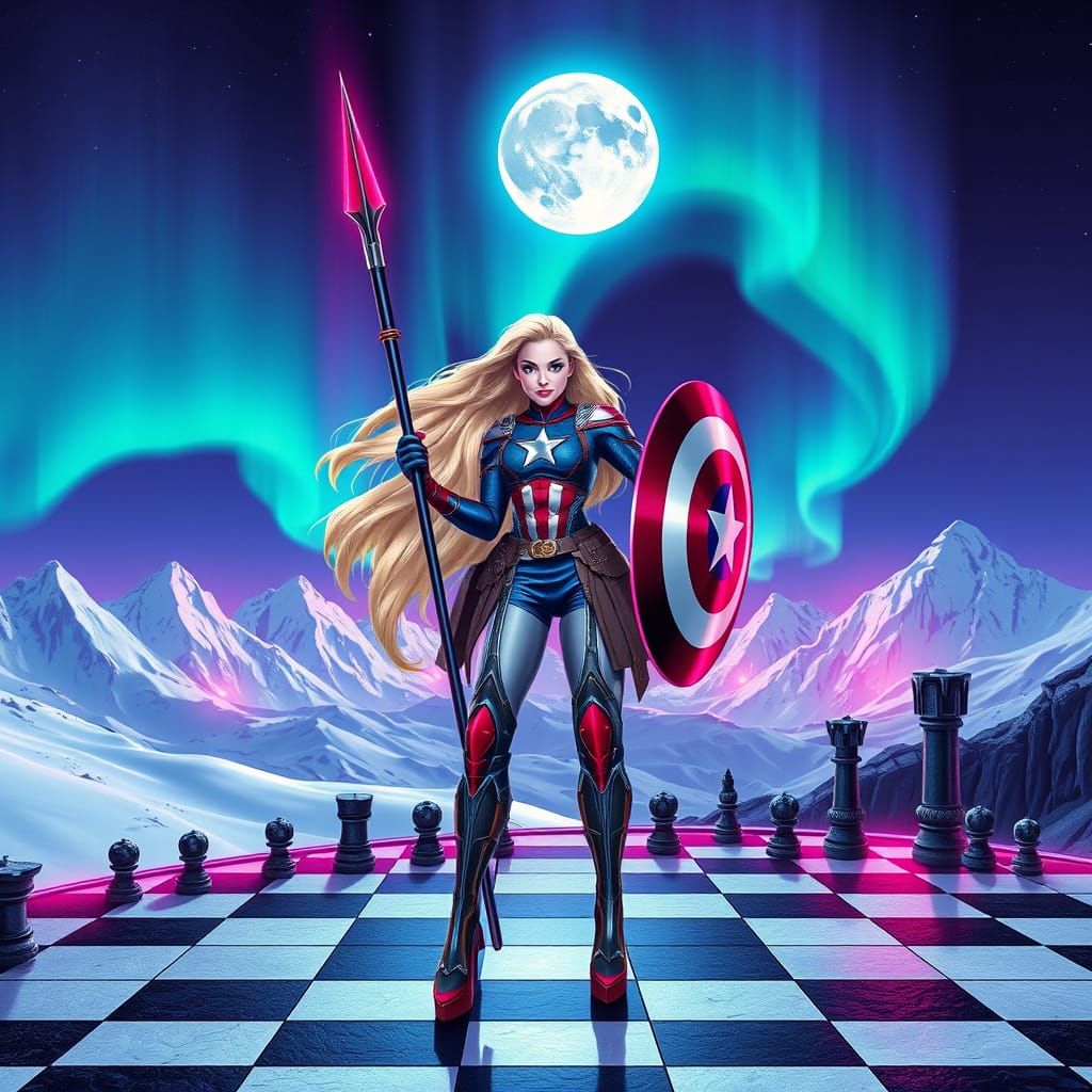 Futuristic Stargirl as Captain America on a Neon Chessboard