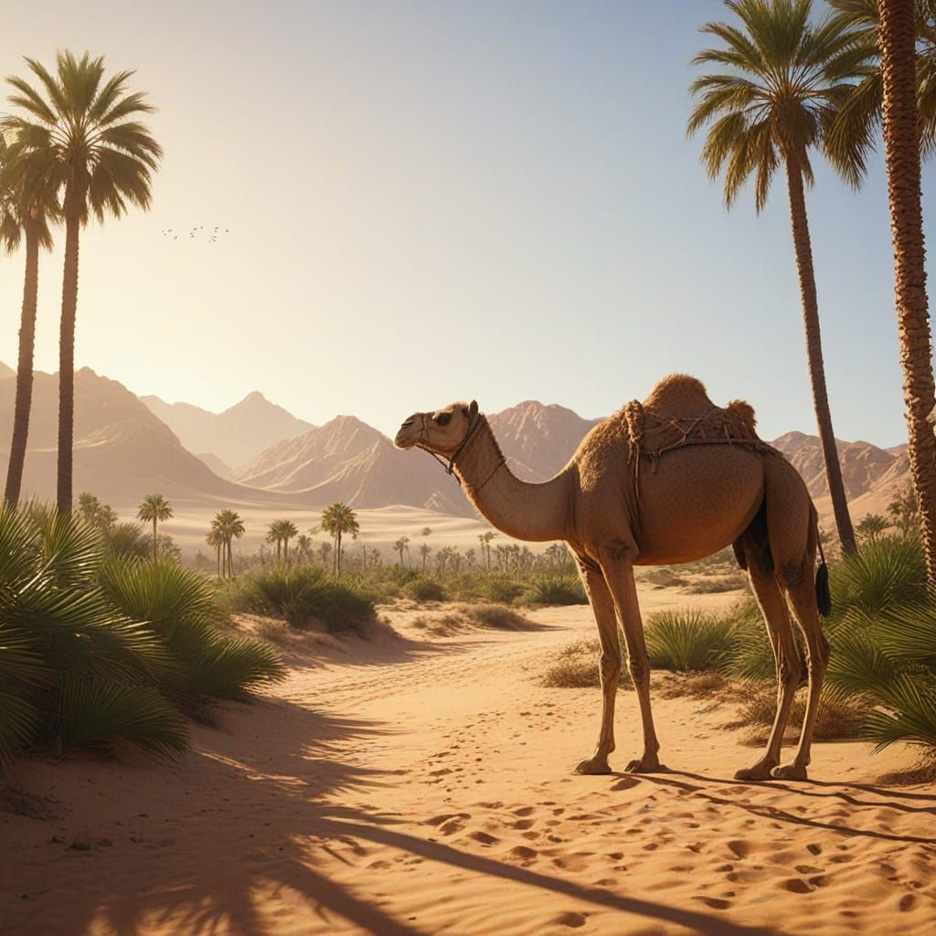 Camel Oasis in Desert Landscape: Digital Matte Painting