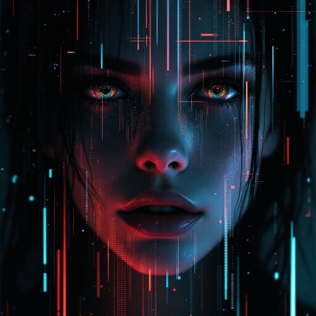 Haunting Glitch Portrait with Neon Pixel Trails