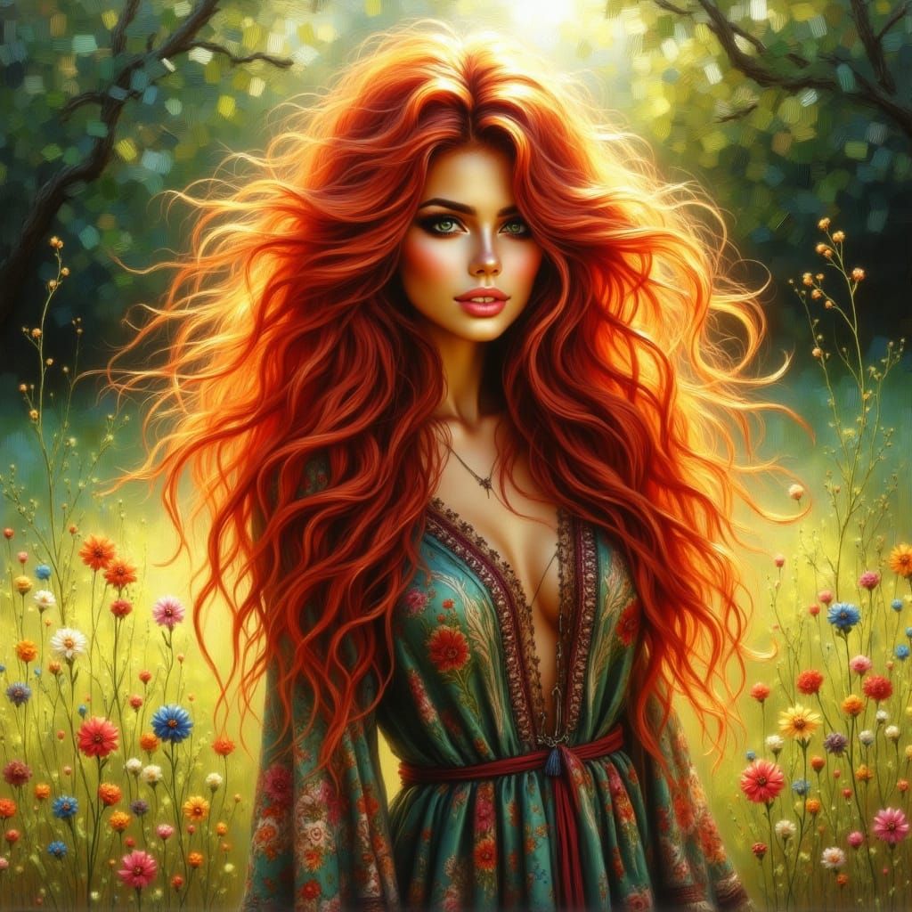 Redhead Temptress in Sun-Dappled Meadow